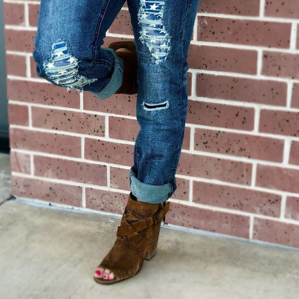 Cognac Distressed Leather Peep Toe Ankle Bootie - Picture 1 of 4